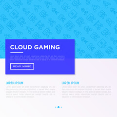 Cloud gaming concept with thin line icons: play on laptop, 120 FPS, low-latency gameplay, gamepad, wi-fi, instant installation, live streaming, 5G technology. Vector illustration