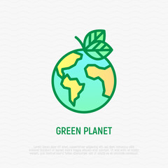 Green planet symbol, earth with leaves. Thin line icon. Save nature concept, circular economy. Organic product. Vector illustration.