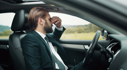 Tired businessman sitting on driver's seat touching bridge of nose staying somewhere in countryside