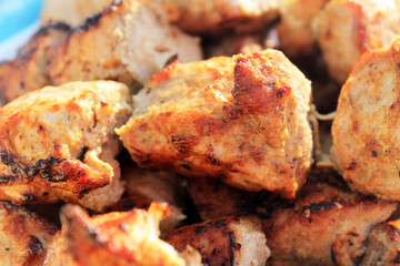 The skewers of meat. Festive table. Background for design