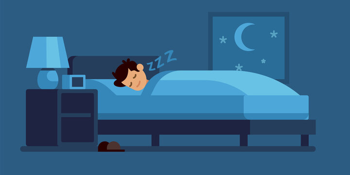 Man sleeping. Guy lies on bed under duvet at night, comfortable sleep time at home, vector flat illustration on interior background