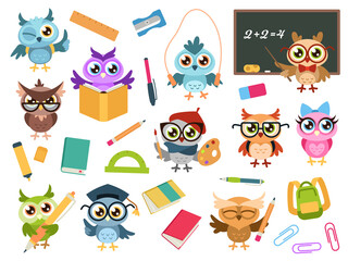 Schule Eulen. Färben Sie süße Vögel, die in Schule und Lehrer studieren, Eule mit Büchern und Schreibwaren. Bildung von Cartoon-Vektor-Figuren lehren