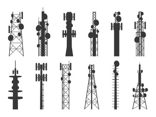 Radio tower silhouettes. Transmission cellular towers, television and broadcasting antenna, satellite signal telecom masts vector set
