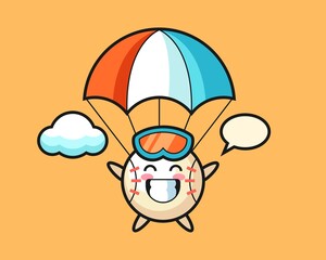 Baseball cartoon is skydiving with happy gesture