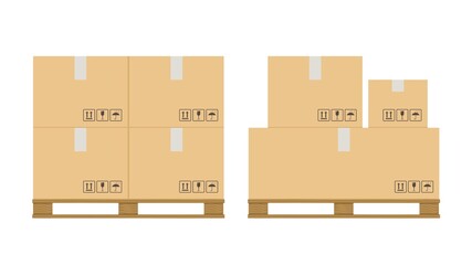 Boxes pallet. Cardboard box stack with fragile sign on wooden pallets, packaging cargo storage, industry shipment, shipping goods vector set