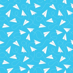 Paper plane seamless pattern. White flying airplanes and dotted line tracks. Creative design textile, wrapping, wallpaper vector texture
