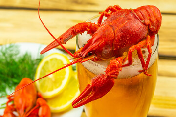 Boiled crayfish boiled ready to eat, wooden background.