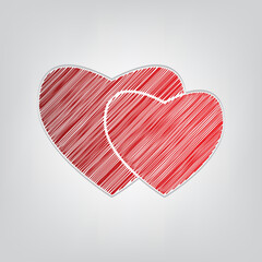 Two hearts sign. Red gradient scribble Icon with artistic contour gray String on light gray Background. Illustration.