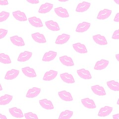 Lip seamless pattern. Pink lipstick kisses silhouettes, different shapes of female sexy lips. Romantic endless print for valentines day, beauty and cosmetics vector background