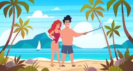 Sea landscape. Paradise island panorama with palm tree, exotic resort summer vacation. Couple man and woman take selfie on seaside background. Flat vector cartoon illustration
