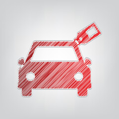 Car sign with tag. Red gradient scribble Icon with artistic contour gray String on light gray Background. Illustration.