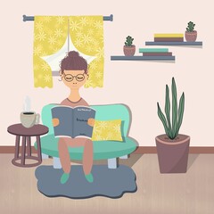 A girl is sitting on the sofa and reading a book. Illustration for website design, brochures, magazines, posters, banners 