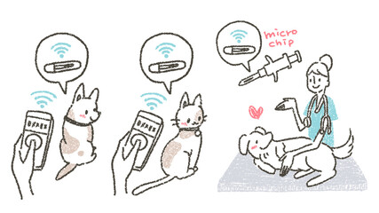 動物病院で獣医師によるペットにマイクロチップ装着を促すイラスト