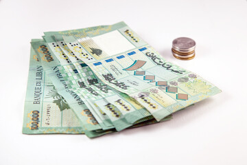 Hundreds of Libanese Pounds  Currency Papers and Coins isolated on White Background