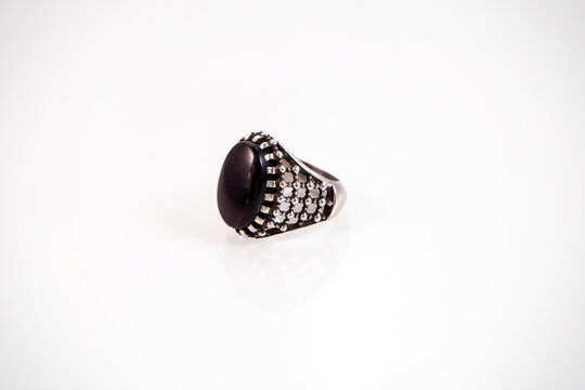 Black Limestone  Silver Arabic Ring isolated on white background