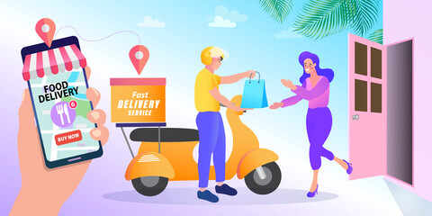 Vector illustration. Quarantine. Woman shopping online. Supermarket. Order food online. App on mobile phone. Buy at Home. Fresh Groceries. Food Delivery.