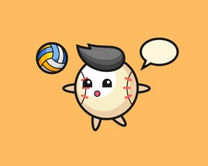 Baseball cartoon is playing volleyball