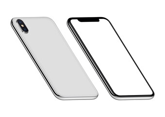 Perspective isometric smartphones mockup front and back side. New modern white frameless smartphones with blank white screen and back side. Isolated on white background.