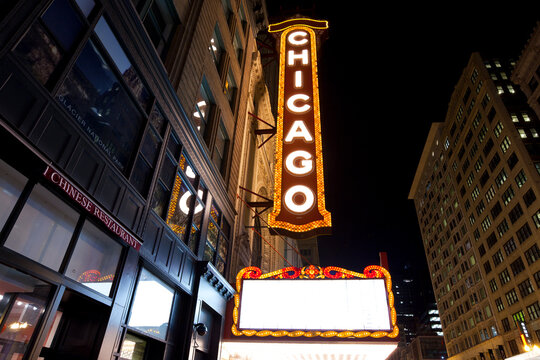 Chicago, Illinois, United States - The famous sign of The Chicago Theater downtown.