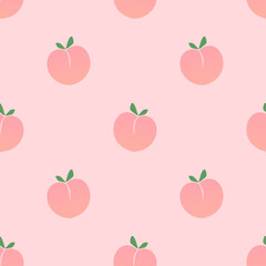 Seamless pattern with peach and green leaves on pink background vector.