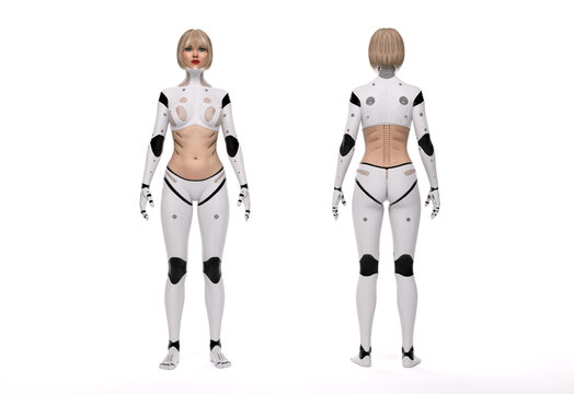 3D Render : the portrait of female cyborg standing in the  studio
