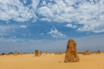 Fototapeta na wymiar The Pinnacles in the Nambung National Park, Western Australia near the city of Cervantes are remains of ancient limestone formations or formed through the preservation of tree casts