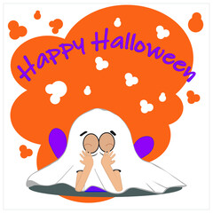 Children's Halloween card. A child in a ghost costume lies on his stomach on the floor. Above Happy Halloween. Vector illustration, layered. Each layer and group are named.