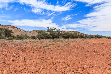 Outback landscape in South Australia with flat ground with gravel and rocks, a Creek with banks covered with Gum Trees and a ridge against blue sky with light cloud cover