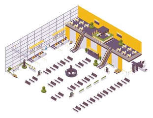 Isometric airport design example, arrival and departure zone, waiting area. With a cafe, chairs, benches, an excavator, self check-in desks and an inspection area