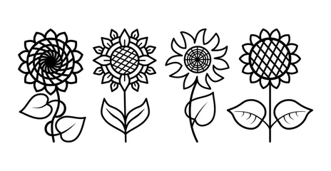Abwaschbare Fototapete Set of Sunflowers with leaves isolated on white background. Vector floral illustration. Line icons. Botanical summer concept. For cutting, clipart, printing, monogram, tattoo, shirt design. © Oksana Minakova