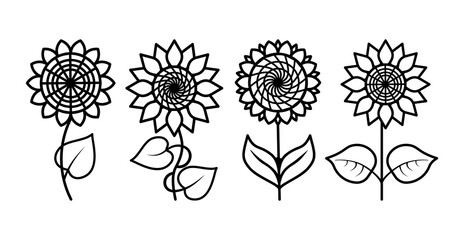 Set of Sunflowers with leaves isolated on white background. Vector floral illustration. Line icons. Botanical summer concept. For cutting, clipart, printing, monogram, tattoo, shirt design.