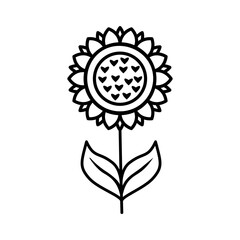 Sunflower with leaves line icon isolated on white background. Vector floral illustration. Botanical summer concept. For cutting, clipart, printing, monogram, tattoo, shirt design.