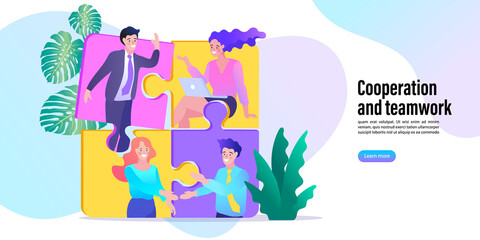 Man and woman fitting together pieces of a jigsaw puzzle. Concept of teamwork, business cooperation, collective project work. Modern flat colorful vector illustration.