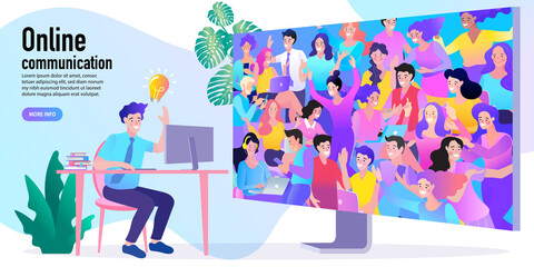 vector employee talk on video call on computer with diverse colleagues. video conferencing at home man having video call meeting with clients at home.