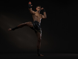 3D Render : The portrait of male boxer, perform muay thai martial arts