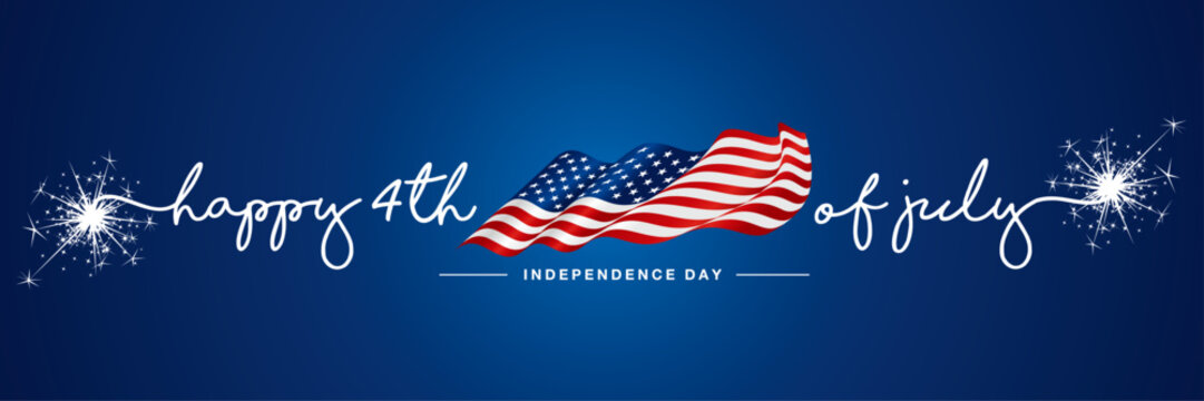 4th of july Happy Independence day handwritten typography text USA wavy flag blue background banner