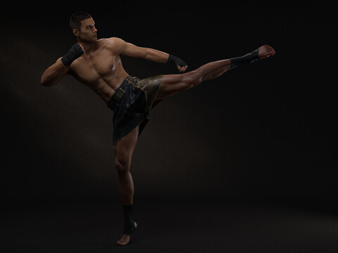 3D Render : The portrait of male boxer, perform muay thai martial arts