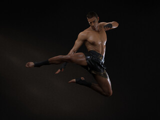 3D Render : The portrait of male boxer, perform muay thai martial arts