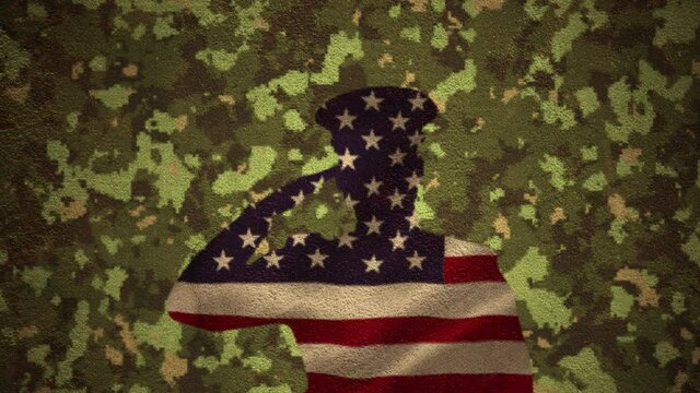 American flag forming a saluting soldier against camouflage background