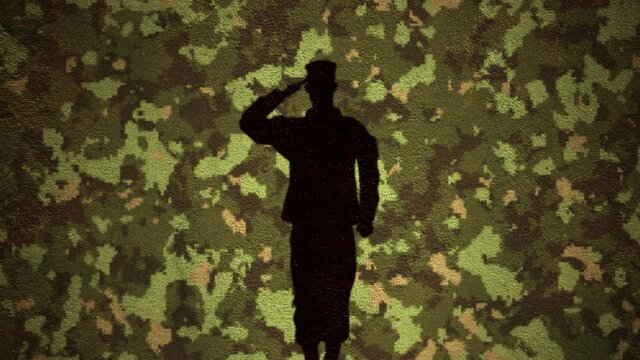 Silhouette of soldier saluting against camouflage background