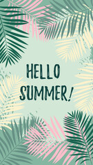 Fototapeta na wymiar Colorful summer design template for social media stories with tropical palm trees. Exotic frame with space for text