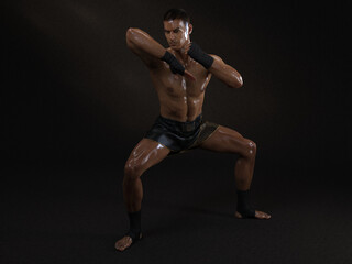 3D Render : The portrait of male boxer, perform muay thai martial arts