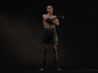 3D Render : The portrait of male boxer, perform muay thai martial arts