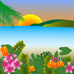 Fototapeta na wymiar Illustration tropical flowers against the backdrop of the sea, mountains, summer