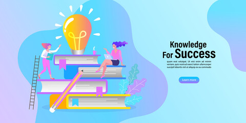 Creative thinking. Cartoon stack books with lamp idea. Vector illustration for education design.