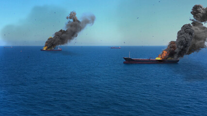 Cargo ships Burning on fire under attack in Mediterranean Sea 
Real Drone view with visual effect...