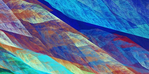Abstract orange and blue chaotic glass shapes. Fantasy geometric fractal background. Digital art. 3d rendering.