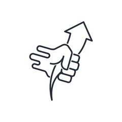 Hand holds up arrow. Vector linear icon isolated on white background.