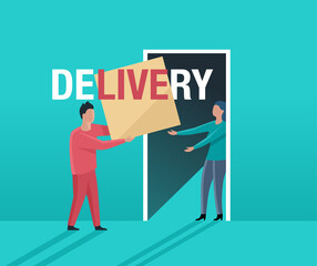 Home delivery concept - couirer stands at the door and brings a parcel to happy woman - vector illustration