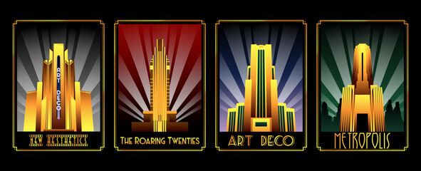 1920s Art Deco Building Set, Retro Architecture Poster Set